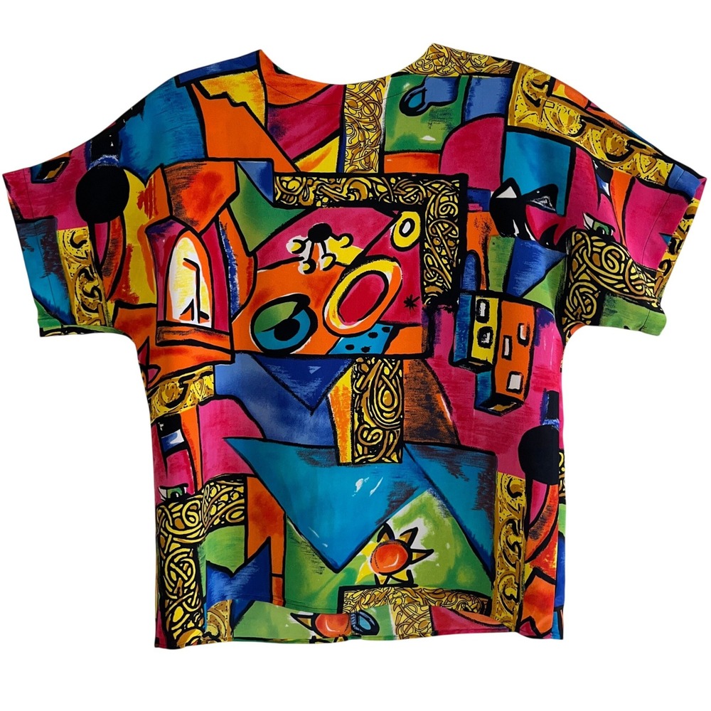 Vintage Renaissance Sportswear Abstract Art‎ Print Blouse Short Sleeve Small USA